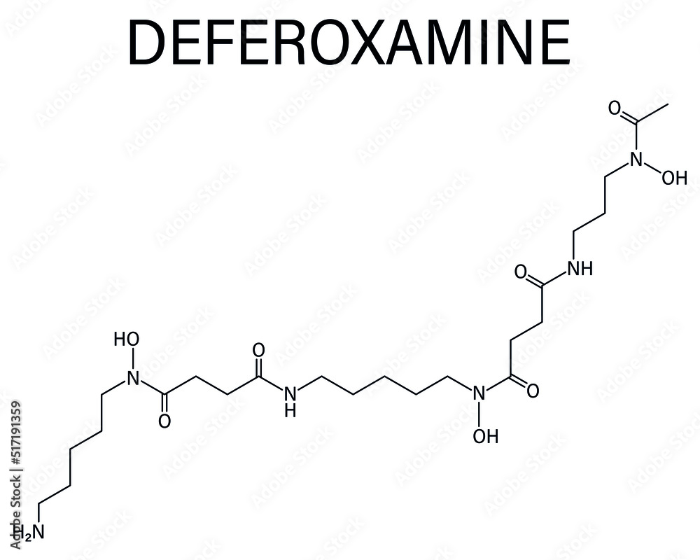 Skeletal formula of Deferoxamine drug molecule. Used to treat iron poisoning or hemochromatosis.