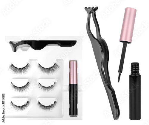 Fake eyelashes set of 3 different types. Faux false lashes isolated on white background, glue and tweezers for aplying lashes photo