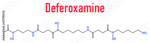 Skeletal formula of Deferoxamine drug molecule. Used to treat iron poisoning or hemochromatosis. photo