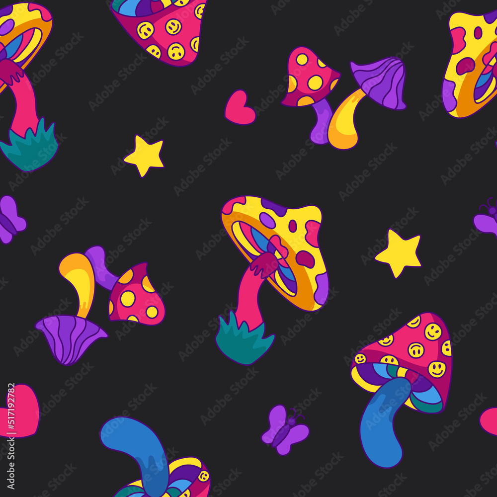 Psychedelic acid rave seamless pattern. Trippy mushroom and smiley ...