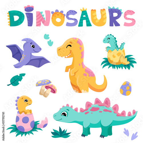 Cute dino collection with baby dinosaurs isolated on white background. Vector cartoon illustration for children design  kids print  baby shower decor.
