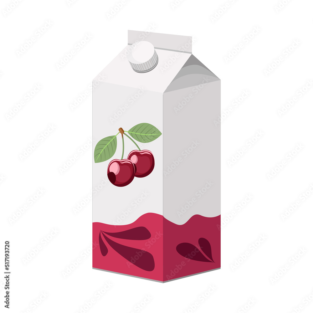 Cherry juice in a cardboard box on a white background.Vector illustration of a drink. Cherry juice in a cardboard box on a white background.Vector illustration of a drink.