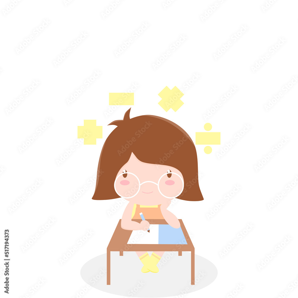 A cartoon little girl with brown short hair and eyes holding a pencil, writing and thinking in the middle of white and gray background with space. Studying mathematics concepts. Vector Illustration A cartoon little girl with brown short hair and eyes holding a pencil, writing and thinking in the middle of white and gray background with space. Studying mathematics concepts. Vector Illustration