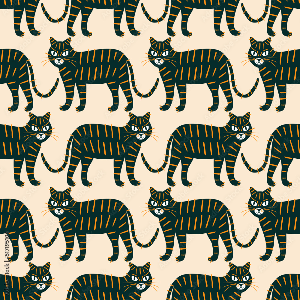 Black African tigers hand drawn vector illustration. Funny safari animal seamless pattern for kids fabric or wallpaper. Black African tigers hand drawn vector illustration. Funny safari animal seamless pattern for kids fabric or wallpaper.