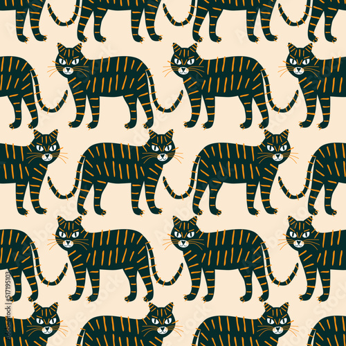 Black African tigers hand drawn vector illustration. Funny safari animal seamless pattern for kids fabric or wallpaper.