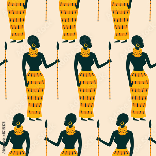 Black African woman in traditional skirt hand drawn vector illustration. Tribe of beautiful women with spears colorful seamless pattern for fabric or wallpaper.
