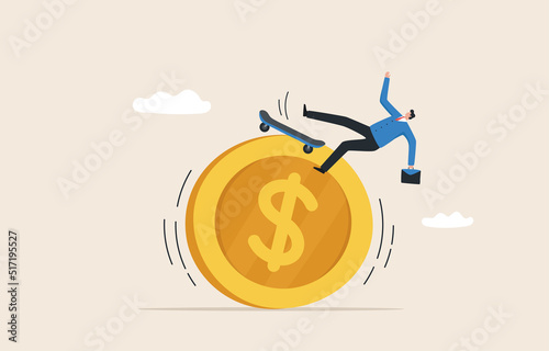 Exchange rate changes. Inflation, interest rates, economic crises. Government monetary policy adjustment. Businessman is surfing or skateboard on coins.