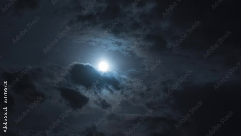 Full moon at night with moving clouds. Night timelapse with clouds and stars floating by Full moon at night with moving clouds. Night timelapse with clouds and stars floating by