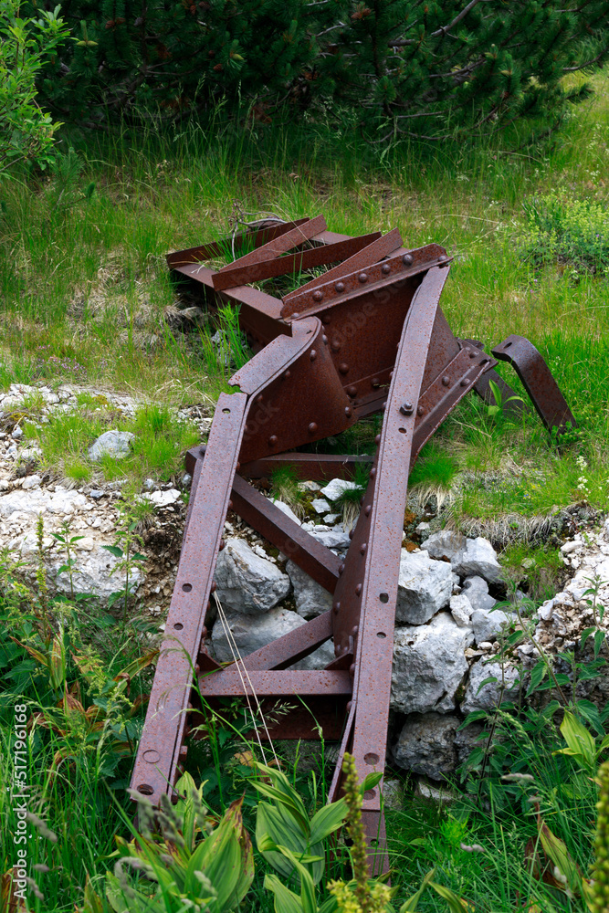 World War One Rusty Remains in Mali Lepoc near Lake Krn in Triglav National Park, Slovenia.