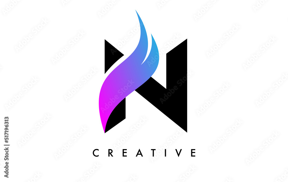 Letter N Logo Icon Design with Purple Swoosh and Creative Curved Cut Shape Vector Letter N Logo Icon Design with Purple Swoosh and Creative Curved Cut Shape Vector