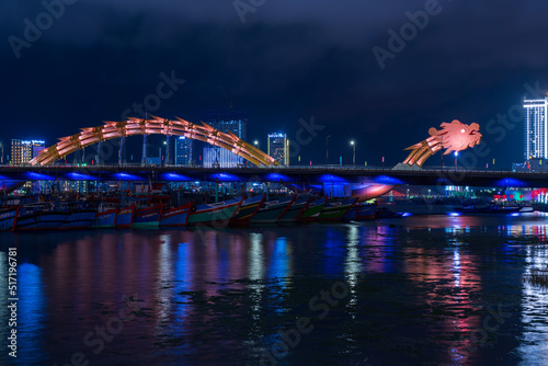 Night view of Dragon bridge, Da Nang, Vietnam.