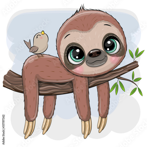 Cartoon Sloth is lying on a branch