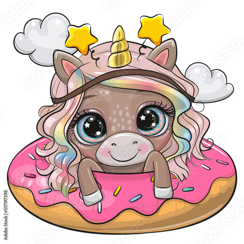 Unicorn girl swimming on pool ring donut