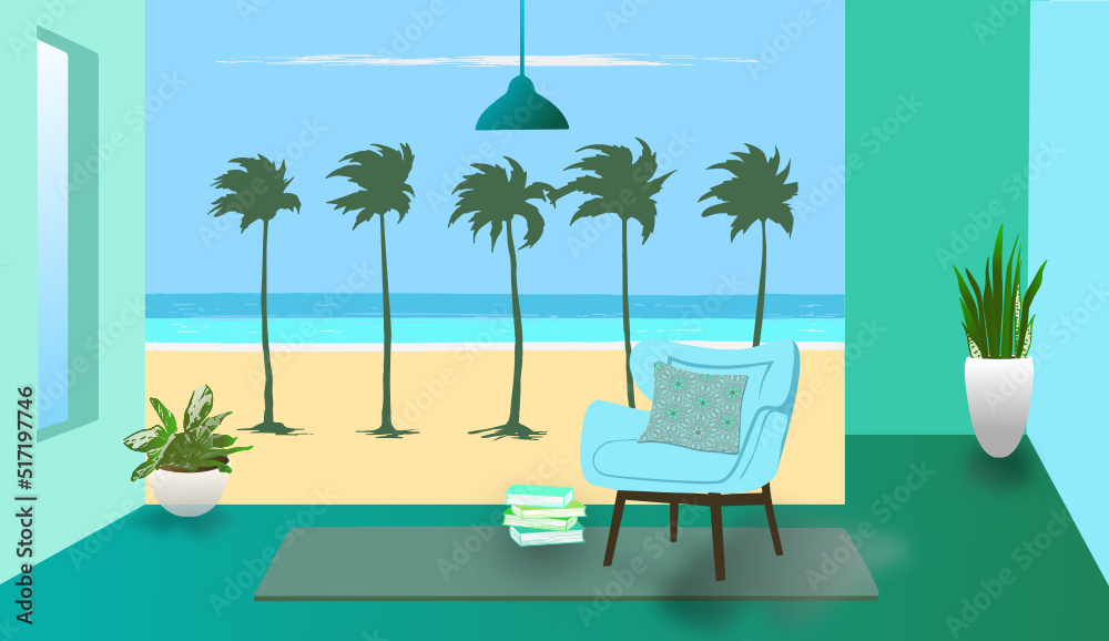 Living room with tropical beach wallpaper, green and blue walls, green floor and rug, blue chairs, green plants  and windows, vector