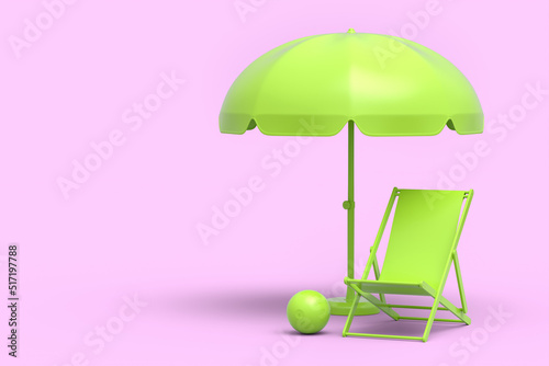 Beach chair with umbrella and beach ball on pink background.