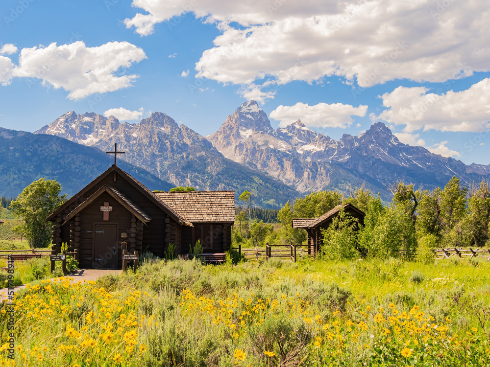 Sunny exterior view of the Chapel of the Transfiguration of Grand Teton National Park
