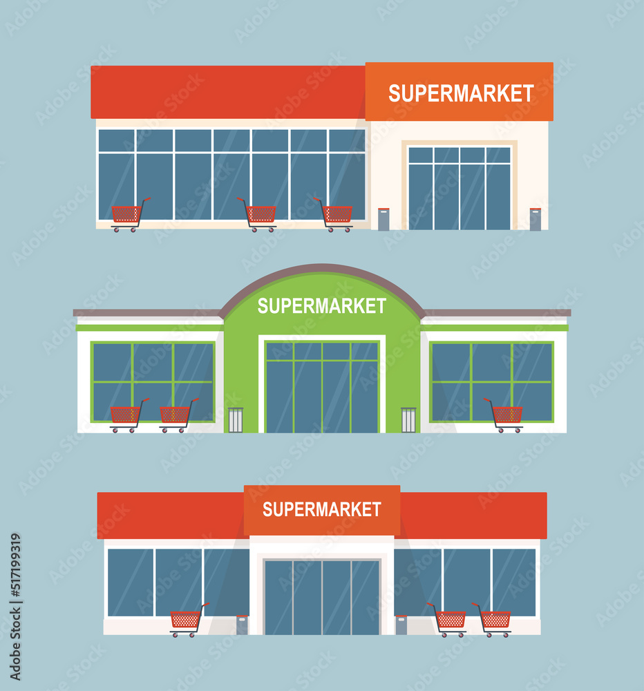 Set of different supermarket buildings. Isolated on gray background ...