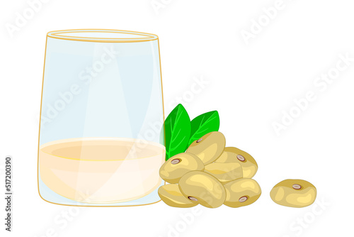 Glass of soy milk and soybeans with green leaf. Soy milk in glass and heap soy beans. Soya product for healthy food. Natural organic lactose free drink of soybeans high on proteins.Vector illustration