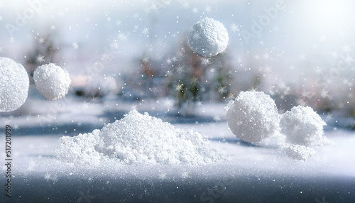 Winter snow background. Blurred bokeh background. Snowy winter scene with snow balls. 3D illustration.