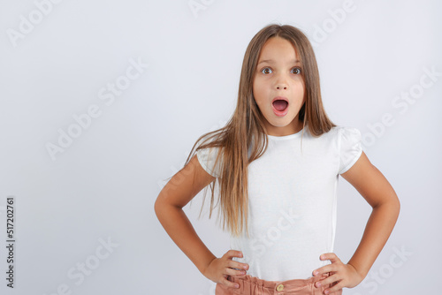 girl on a white background opened her mouth, surprised. High quality photo
