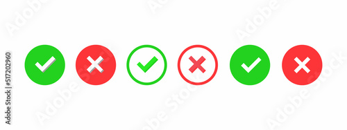 yes and no buttons. Green check mark and red cross icon. Set of simple icons.