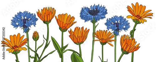 flowers of blue cornflower and pot marigold, vector drawing wild plant at white background , hand drawn botanical illustration © cat_arch_angel