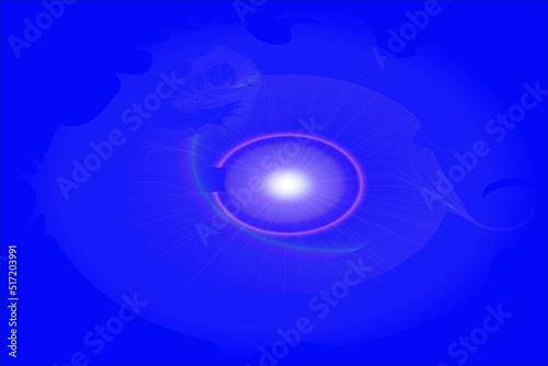 abstract cosmic background vector illustration with shining star with light effects of flare, halo, outburst of energy rays and rainbow, deep space in violet, purple and dark blue color