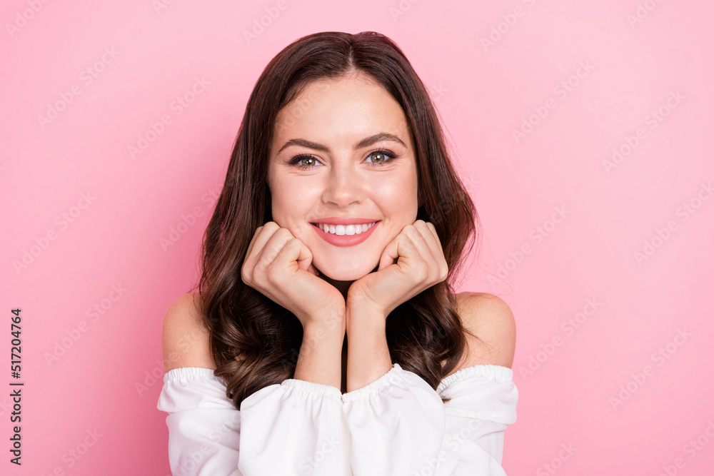 Portrait of young stunning good mood beaming lady relaxing summer holidays isolated on pink color background Portrait of young stunning good mood beaming lady relaxing summer holidays isolated on pink color background