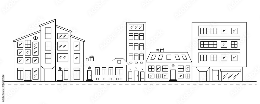 Neighborhood Line art illustration with houses. Row cityscape with black residential buildings.