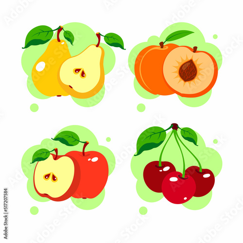 Fruits set. Peach, apple, pear, cherry. Isolated vector illustration.
