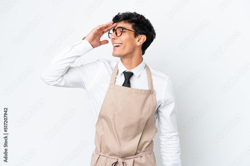 Restaurant Argentinian waiter isolated on white background has realized something and intending the solution Restaurant Argentinian waiter isolated on white background has realized something and intending the solution