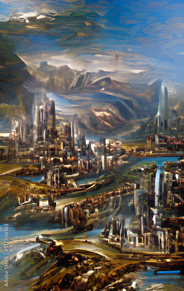 futuristic city skyline at night on alien planet, digital painting