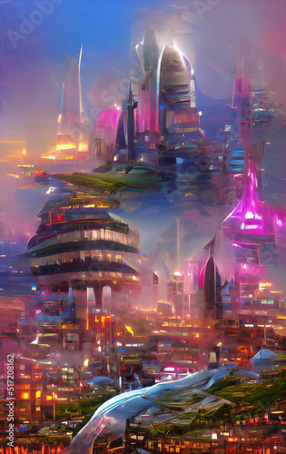 futuristic city skyline at night on alien planet  digital painting