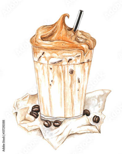 Hand-drawn watercolor illustration of dalgona coffee and coffee beans. Food and drink theme. Idea for cooking books, postcards, posters, etc. 