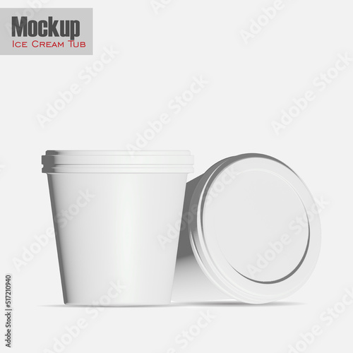 round glossy ice cream cup. Photo-realistic packaging mockup template with sample design. 3d illustration. White round matte ice cream cup. Photo-realistic packaging mockup template. 