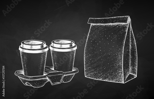 Chalk illustrations of Coffee Cups in carrier and Paper Bag