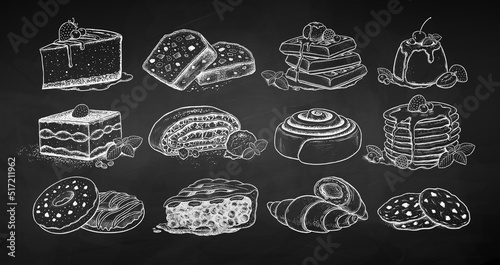 Chalk vector illustrations set of desserts and bakery