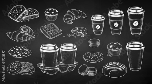 Chalk drawn set of to go Coffee and sweet food