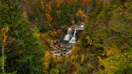 Aerial view of Blackwater Falls with the autumn forest around  in State Park in West Virginia