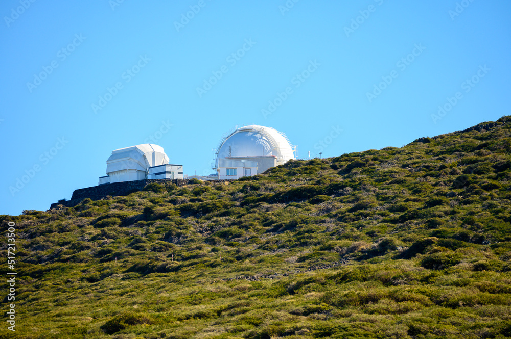 International space observatory and telescopes on La Palma island located on highest mountain range Roque de los muchachos, sunny day, Canary islands, Spain