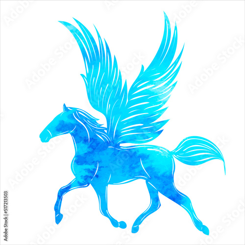 pegasus blue flying watercolor silhouette