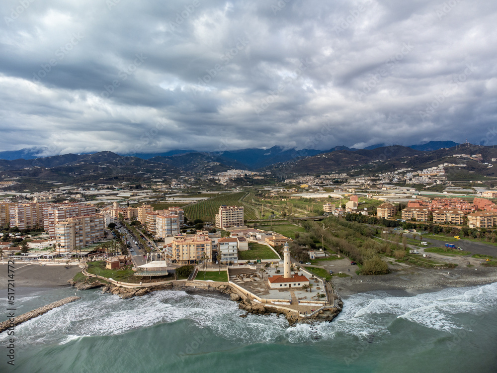 Aerial panoramic view on coastline in Torrox Costa, Costa del Sol, small touristic town between Malaga and Nerja, Andalusia, Spain