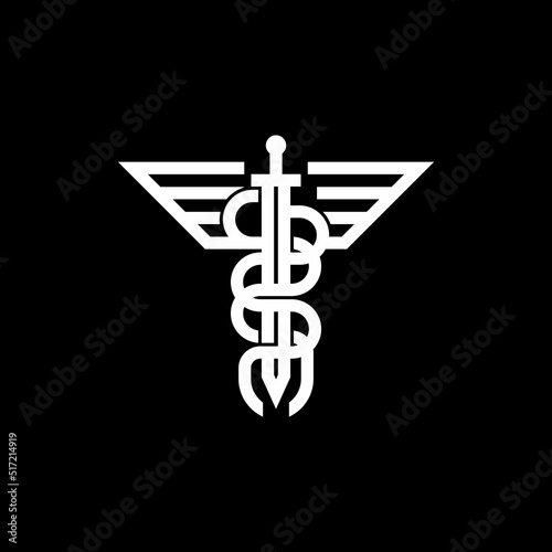 Caduceus medical symbol, with two snakes, sword and wings, vector illustration