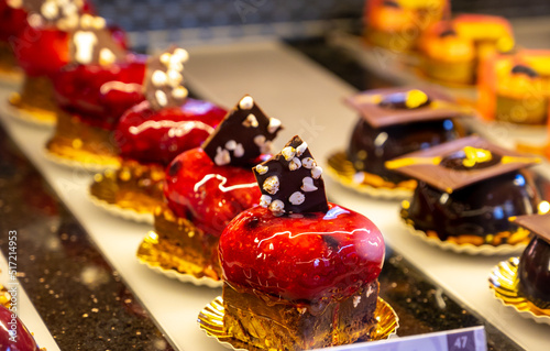 Photography Austrian desserts, different types of chocolate and fruit cakes in cafe in Vienna