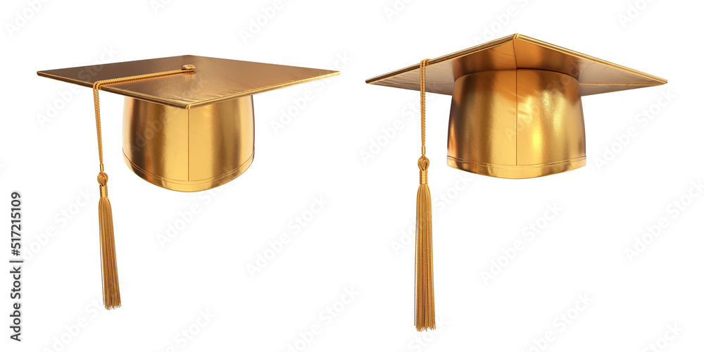 A set of gold graduation caps on a white background, 3d render Stock