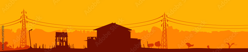 Attractive minimal art of urban are with house and electric posts in bright color combination.