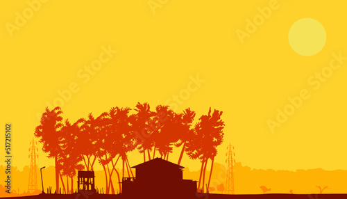 Attractive minimal wallpaper of urban are with house  coconut trees  hills  mountain and electric posts in bright color combination.