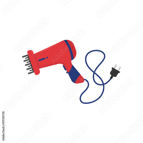 Red hair dryer with wire and plug. Hairdrier with diffuser vector illustration. Beauty salon or domestic equipment for hair and fashion. Flat style vector image. Deffuser for hairdrier.