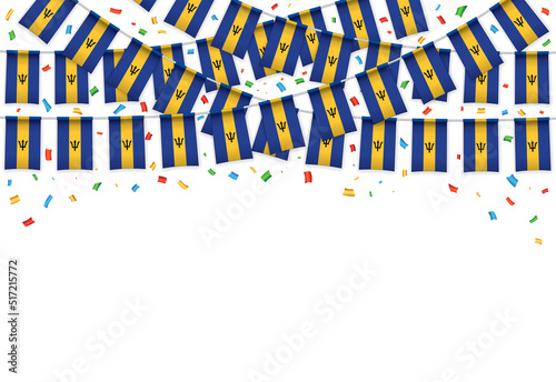Barbados flag garland white background with confetti, Hanging bunting for Barbadian Independence Day celebration template banner, Vector illustration