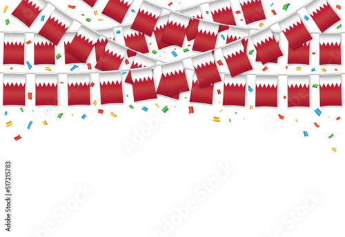 Bahrain flags garland white background with confetti, Hang bunting for Bahrain independence Day celebration template banner, Vector illustration